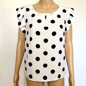 Memo Girl White and Black Polka Dots Ruffle Top Blouse Size L